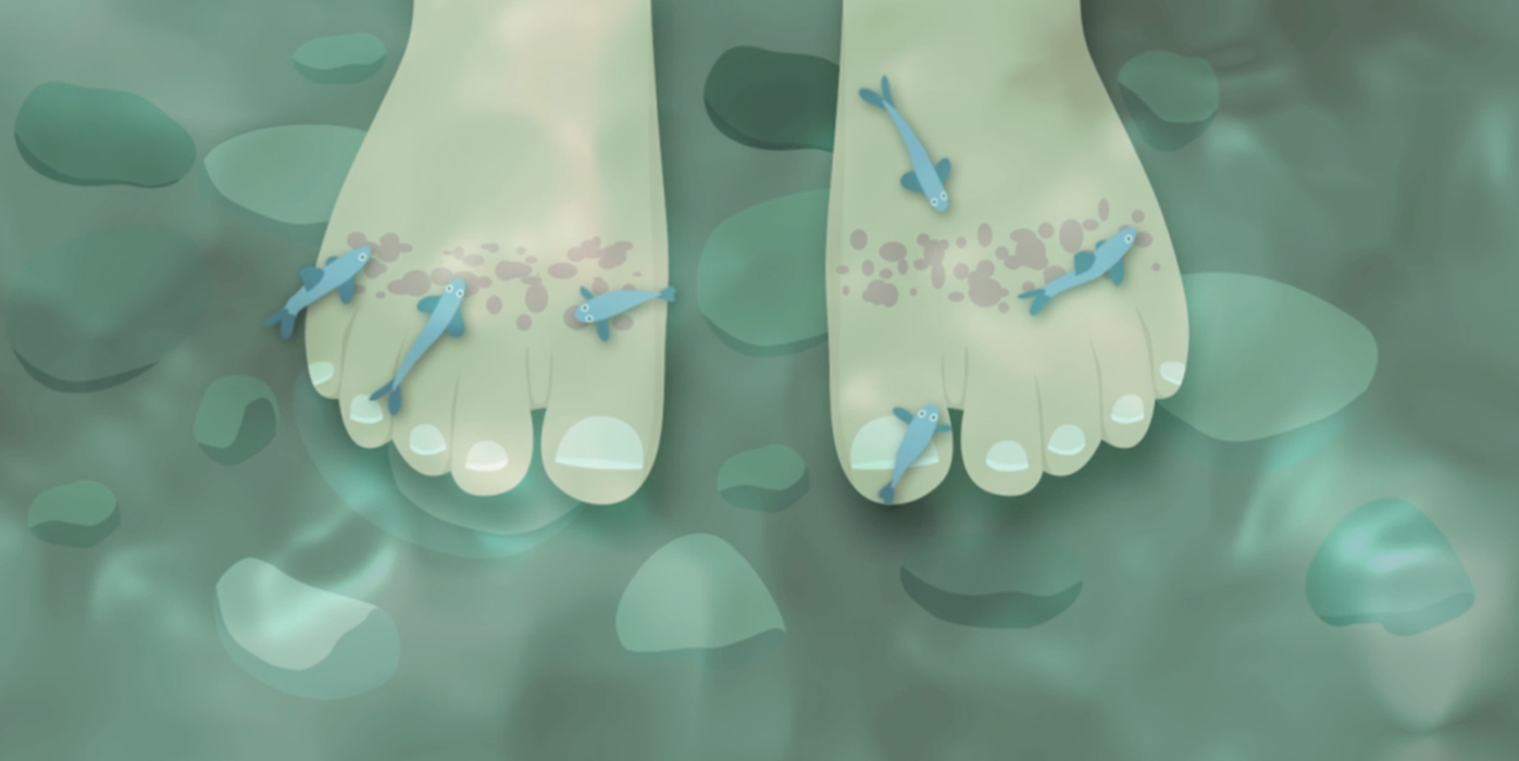 Illustrazione con pesci e piedi
