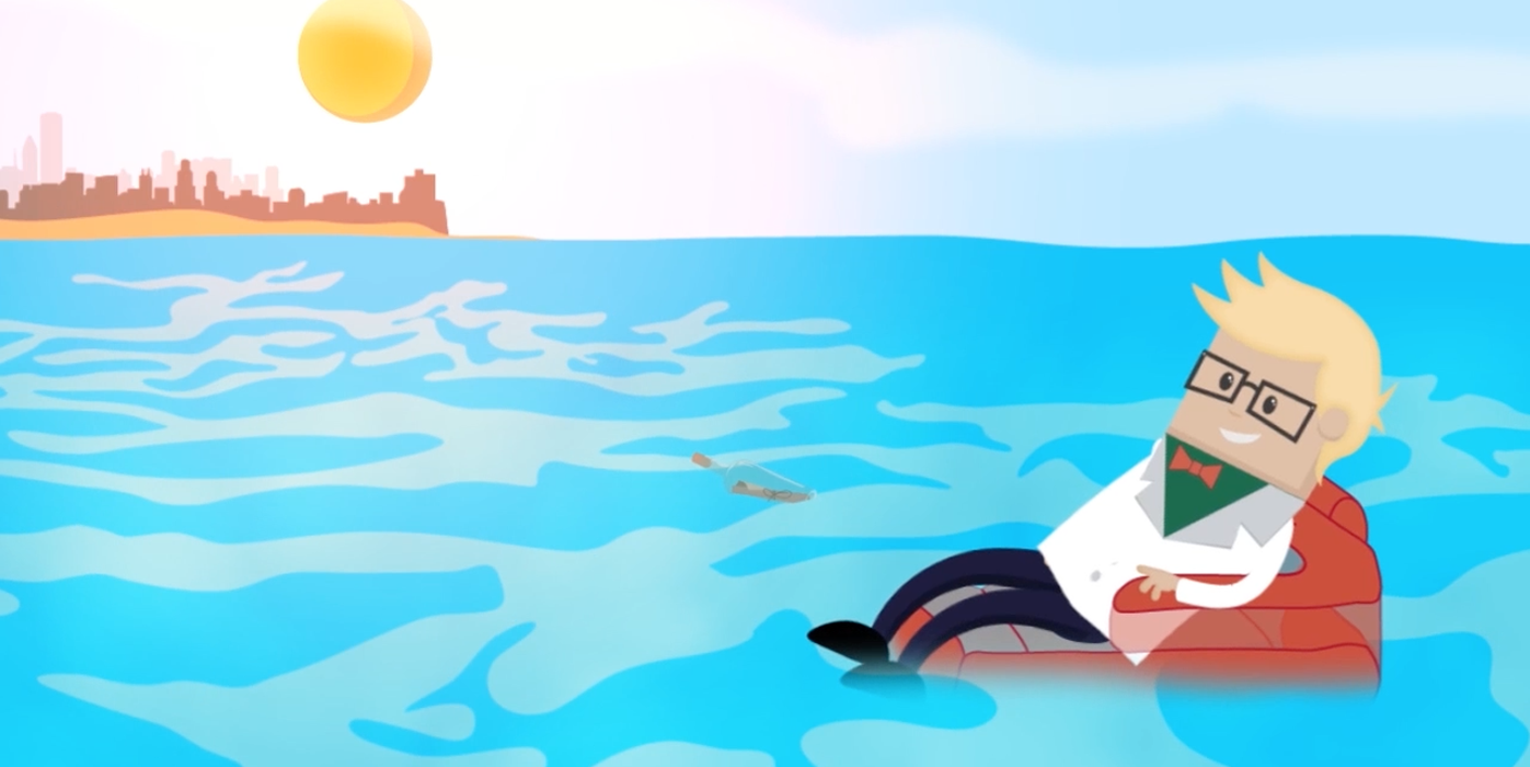 Omino illustrato su materassino al mare